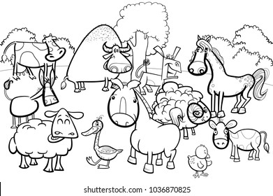Black and White Cartoon Illustration of Cute Farm Animal Characters Group Coloring Book