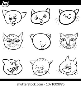 Black and White Cartoon Illustration of Cute Cats and Kittens Heads Set