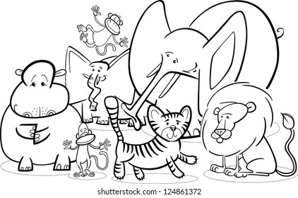 Black and White Cartoon Illustration of Cute African Safari Wild Animals Group for Coloring Book