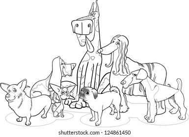 Black and White Cartoon Illustration of Cute Purebred Dogs or Puppies Group for Coloring Book