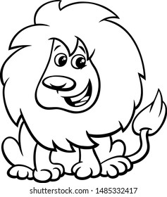 Black and White Cartoon Illustration of Cute Lion Wild Cat Animal Character Coloring Book