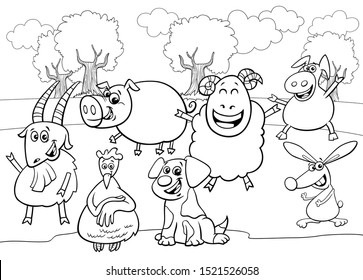 Black and White Cartoon Illustration of Cute Farm Animals Comic Characters Group Coloring Book Page