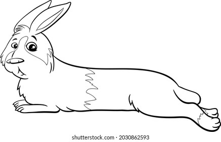 Black and white cartoon illustration of cute lying dwarf rabbit comic animal character coloring book page