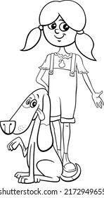 Black and white cartoon illustration of cute girl with spotted dog character coloring page