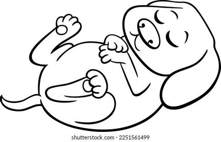 Black and white cartoon illustration of cute sleeping puppy comic animal character coloring page