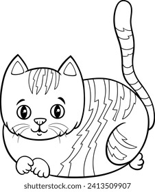 Black and white cartoon illustration of cute tabby kitten comic animal character coloring page