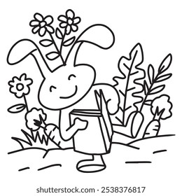 Black and White Cartoon Illustration of Cute Rabbit reading in the garden with flowers.