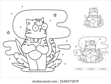 Black and white cartoon illustration of cute tabby kitten comic animal character coloring book page. Coloring Page Outline Of cartoon fluffy cat. Coloring book for kids. 105