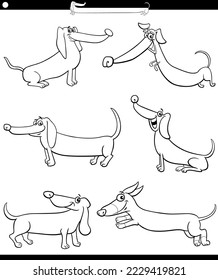 Black and white cartoon illustration of dachshunds purebred dogs comic animal characters set