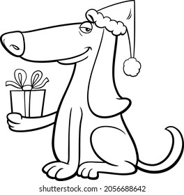 Black and white cartoon illustration of dog animal character with present on Christmas time coloring book page