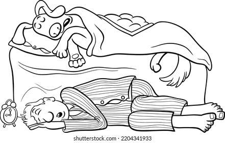 Black and white cartoon illustration of dog sleeping in bed and his owner lying on the floor coloring page