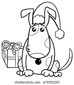 Black and White Cartoon Illustration of Dog or Puppy Animal Character with gift on Christmas Time Coloring Book