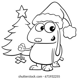 Black and White Cartoon Illustration of Dog Animal Character with Christmas Tree Coloring Book