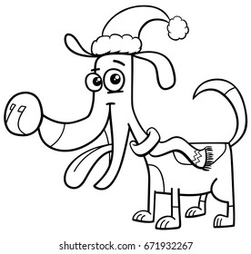 Black and White Cartoon Illustration of Dog or Puppy Animal Character with Scarf on Christmas Time Coloring Book