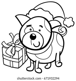 Black and White Cartoon Illustration of Dog or Puppy Animal Character with Christmas Present Coloring Book