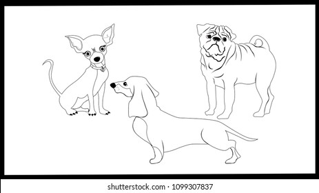 Black and White Cartoon Illustration of Dogs sat for Coloring Book
