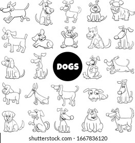 Black and White Cartoon Illustration of Dogs and Puppies Animal Characters Set Large Collection