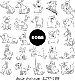 Black and white cartoon illustration of dogs and puppies pet animal characters set coloring page