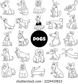 Black and white cartoon illustration of dogs and puppies animal comic characters big set