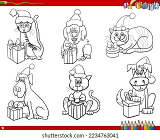Black and white cartoon illustration of dogs and cats animal characters with Christmas presents set coloring page