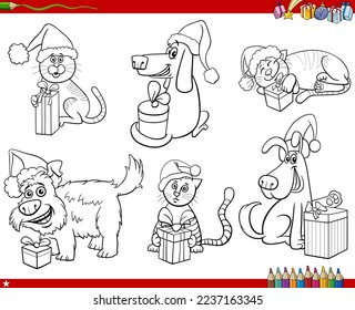 Black and white cartoon illustration of dogs and cats animal characters with Christmas presents set coloring page