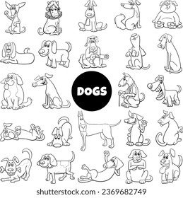 Black and white cartoon illustration of dogs and puppies pet animal comic characters big set