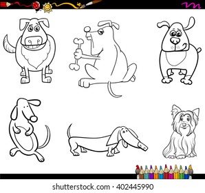 Black and White Cartoon Illustration Dogs Animal Characters Set Coloring Book