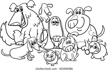 Black and White Cartoon Illustration of Dogs Characters Group Coloring Book