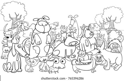 Black and White Cartoon Illustration of Dogs and Cats Animal Funny Characters Group Coloring Book