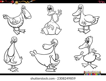 Black and white cartoon illustration of ducks farm animal characters set coloring page