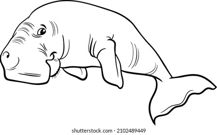 Black and white cartoon illustration of dugong marine mammal animal character coloring book page