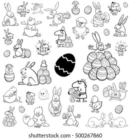 Black and White Cartoon Illustration of Easter Characters and Design Elements Clip Art Set