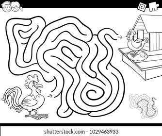 Black and White Cartoon Illustration of Education Maze or Labyrinth Activity Game for Children with Chickens and Chickencoop Coloring Book