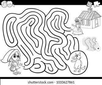 Black and White Cartoon Illustration of Education Maze or Labyrinth Activity Game for Children with Little Red Riding Hood Coloring Book