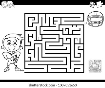 Black and White Cartoon Illustration of Education Maze or Labyrinth Activity Game for Children with Little Boy and Football Coloring Book