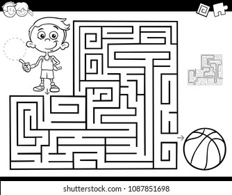 Dibujo en blanco y negro Ilustración de la educación Maze o juego de laberinto para niños con pequeño niño y libro de coloración de baloncesto