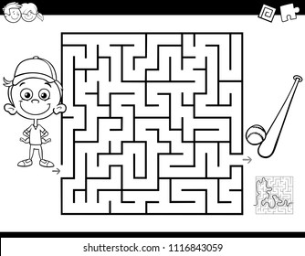 Black and White Cartoon Illustration of Education Maze or Labyrinth Activity Game for Children with Little Boy and Baseball Coloring Book