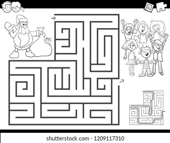 Black and White Cartoon Illustration of Education Maze or Labyrinth Activity Game for Children with Santa Claus Coloring Book