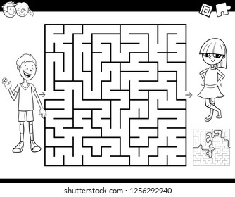 Black and White Cartoon Illustration of Education Maze or Labyrinth Activity Game for Children Coloring Book