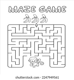 Black and White Cartoon Illustration of Education Maze or Labyrinth Activity Game for Children