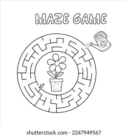 Black and White Cartoon Illustration of Education Maze or Labyrinth Activity Game for Children