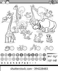 Black and White Cartoon Illustration of Education Mathematical Game for Preschool Children with Safari Animals