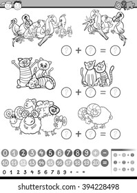 Black and White Cartoon Illustration of Education Mathematical Game of Counting Animals for Preschool Children