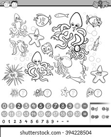 Black and White Cartoon Illustration of Education Mathematical Game for Preschool Children with Sea Life Animals