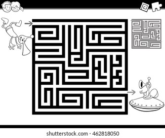 Black and White Cartoon Illustration of Education Maze or Labyrinth Activity Task for Children with Funny Alien Characters for Coloring