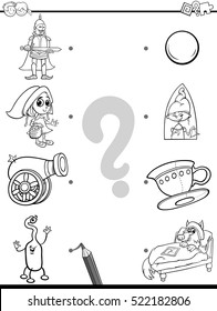 Black and White Cartoon Illustration of Education Pictures Matching Game for Children with Fantasy Objects and Characters Coloring Book