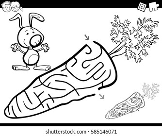 Black and White Cartoon Illustration of Education Maze or Labyrinth Activity Game for Children with Rabbit and Carrot Coloring Page