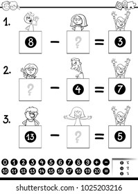 Black and White Cartoon Illustration of Educational Mathematical Subtraction Puzzle Game for Preschool and Elementary Age Children with Boys and Girls Funny Characters Coloring Book