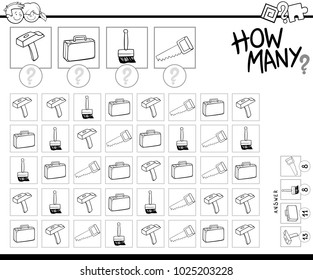 Black and White Cartoon Illustration of Educational How Many Counting Activity for Children with Tools and Objects Coloring Book