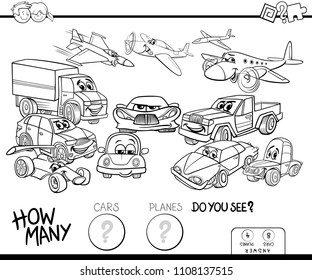 Black and White Cartoon Illustration of Educational Counting Game for Children with Cars and Planes Funny Characters Group Coloring Book